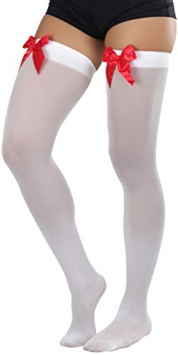 Image of ToBeInStyle Women's Opaque Long Thigh High Stockings w /Decorative Front Satin Bow
