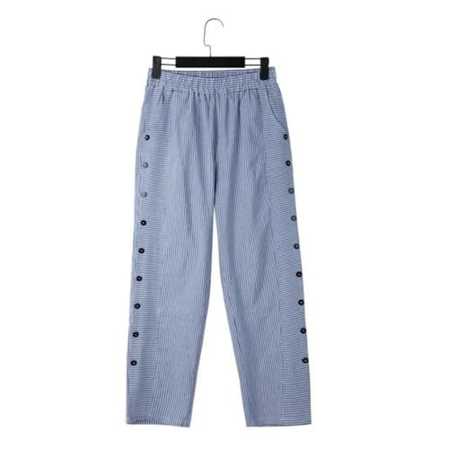 Casual Pants for Women Side Button Cotton Linen Pants Trendy Elastic Waist Straight Leg Trousers with Pocket 20253