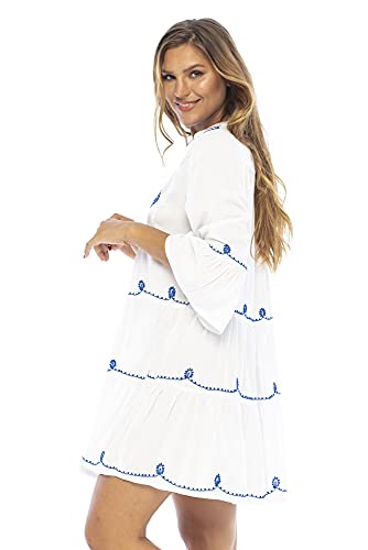 Back From Bali Womens Summer Dress Boho V Neck Loose Flowy Ruffle Sundress Casual Cute Short White Embroidered Beach Dress Medium #TOP2