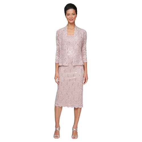 Image of S.L. Fashions Women's Tea Length Sequin Lace Mother of The Bride Dress with Illusion Sleeve Jacket