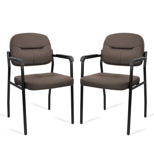 Image of CLATINA Leather Office Guest Chair Sets of 2, Reception Chair No Wheels with Armrests and Lumber Support, Ergonomic Desk Armchair for Meeting Waiting Conference Lobby Room Shool Study, Brown