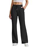 JEKAOYI Womens High Waisted Flared Sweatpants Drawstring Casual Lounge Lightweight Wide Leg Pants with Pockets Black