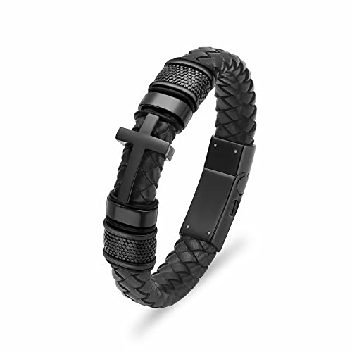 constantlife Cross Cremation Bracelet for Ashes Stainless Steel Urn Memorial Jewelry Braided Leather Wristband Bangle Faith Religious Christian Keepsake for Men Women (Black-22cm)