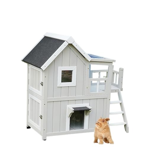 JourneyJolt 野外猫ハウス 木製キャットヴィラ 2階建て 防水 防日焼け ドアカーテン付き 階段付き 室内用・屋外用 猫ハウス シェルター 四季対応 (ライトグレー)
