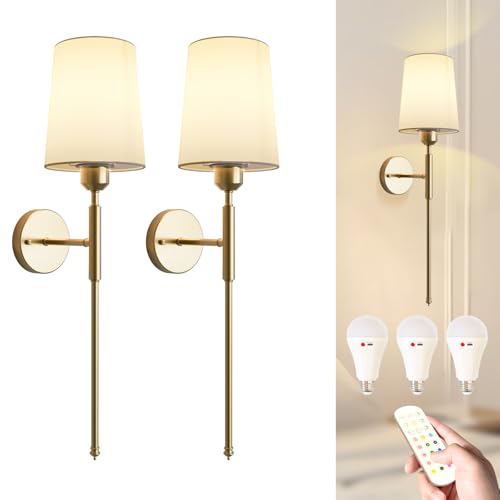 Image of Battery Operated Wall Sconce Set of 2 - Rechargeable Wireless Wall Lights with Remote, 15 Colors Dimmable Gold Sconces for Bedroom, Living Room, Hallway Decor