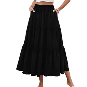 HUSKARY Women’s Summer Casual Elegant Smock Layered Tiered Maxi Skirt High Waisted A Line Flowy Long Skirts with Pockets