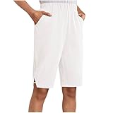 GMQWRK Knielange Damen-Bermuda-Shorts aus Baumwoll-Leinen, mit Taschen und Schlitzsaum, lockere Passform, gerades Bein, elastischer Bund, kurze Hose, Sommer, Freizeitkleidung, weiß, S