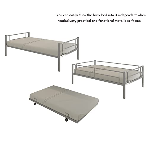 Metal Bunk Bed With Trundle Twin Over Twin Modern Bunk Beds With Slats Heavy Duty Bunkbed Frame For Adults,Teens,Boys And Girls. (Silver) #TOP3