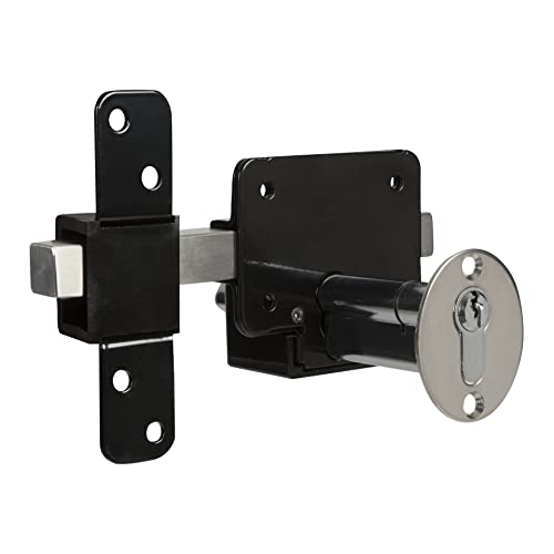 GateMate Long Throw Gate Lock 1490086, Euro Profile Keyed Both Sides Gate Lock for Sheds, Gates & Garage Doors, 316 Stainless Steel, for Wooden Gates & Doors Up to 2” Thick (50mm), Black, 5 Keys