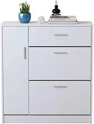 Shoe Cabinet with 2 Drawers, Pull Down Wooden Shoe Storage Organizer Cupboard 20 Pairs Shoes Rack Cabinet Footwear Rack Stand Hallway Furniture 84 x 30 x 91cm (White)