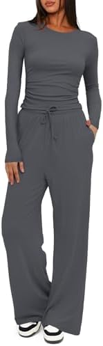 Darong Women's 2 Piece Lounge Sets 2026 Long Sleeve Tops and Wide Leg Pants Set Matching Travel Airport Outfit