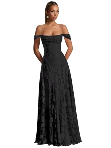 JAEDEN Ballkleider Damen Lang Blumen Abendkleider A-Linie Brautjungfernkleider Schulterfrei Abschlusskleid Schwarz 34