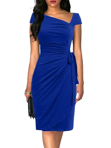 Image of Women's Vintage Cap Sleeves Asymmetrical Neckline Sheath Bodycon Casual Work Cocktail Party Pencil Faux Wrap Dresses