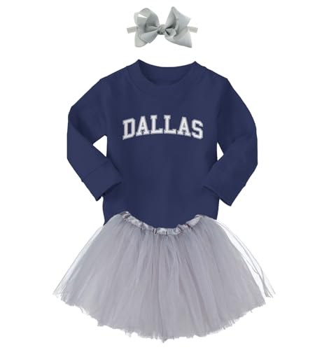 Dallas - State Proud Strong Pride Sports Long Sleeve Toddler T-Shirt + Tutu Skirt + Bow Headband Set (Long Sleeve Navy Blue T-Shirt/Silver Tutu, 5T)2