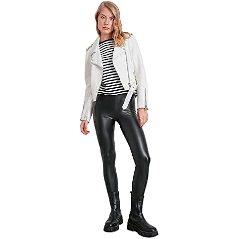 V VITRIN Women's Elastic Waist Fit Faux Leather Leggings Black Cover