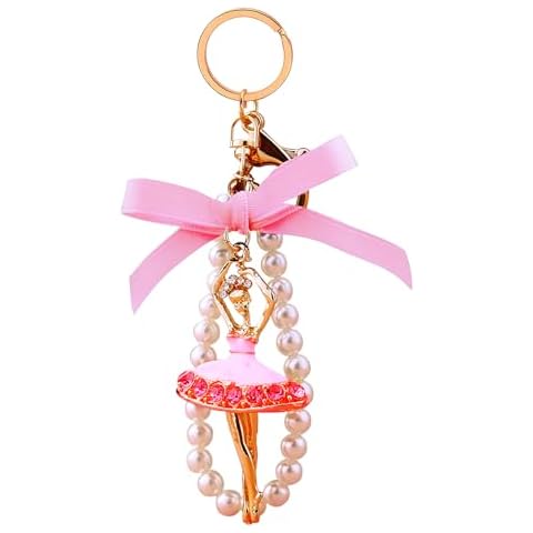 Gisqis Dancer Keychains Ballet Keychains for Girl Women Cute Key Chains for Car Bag Bow Wristlet Pearl Chain Gifts White Pink Cover