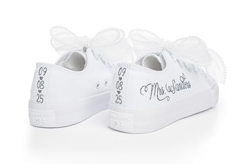 Personalized Wedding Sneakers for Bride – Silver Mirror Name Custom Bridal Shoes – Handmade White Trainers for Ceremony or Reception2