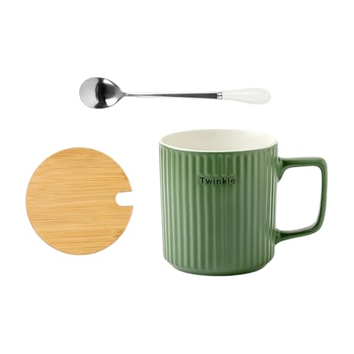HUMOCHUSON Tazas Desayuno Taza De Cerámica De 370 Ml Con Patrón Vertical Simple De Estilo Japonés Con Tapa Y Cuchara Para Niños Y Niñas, Taza De Café Con Leche Para La Oficina Y El Hogar