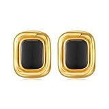 Catuni Chunky Earrings 18K Gold Plated Black Rectangle Statement Earrings Vintage 18K Gold Plated Stud Non Tarnish Stainless Steel