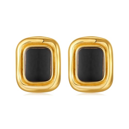 Catuni Chunky Earrings 18K Gold Plated Black Rectangle Statement Earrings Vintage 18K Gold Plated Stud Non Tarnish Stainless Steel