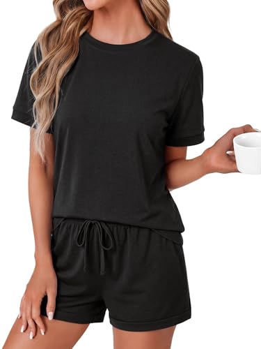 Image of LYANER Pajama Set for Women 2 Piece Lounge Set Striped Crew neck Short Sleeve Tops and Shorts Soft Sleepwear