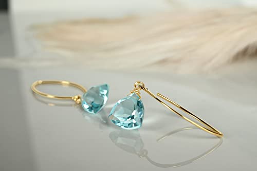 Aquamarine Blue Quartz Trillion 14k Gold Plated Sterling Silver Earrings2