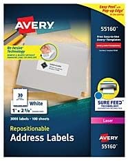Avery Repositionable Address Labels, 55160, 1" x 2 5/8", White, Pack of 3,000
