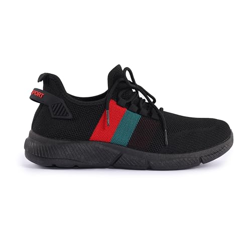 Mens Lightweight Trainers – Breathable Mesh with Red & Green Stripe – Running Walking Work Sports Shoes (Black, UK9)
