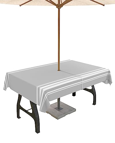 QueenKer Outdoor Tablecloth with Umbrella Hole, Farmhouse Gray White Stripe Rectangle Tables Waterproof Tabletop Collection for Patio, Garden, Picnic, Camping, Dining 60 x 84 inch
