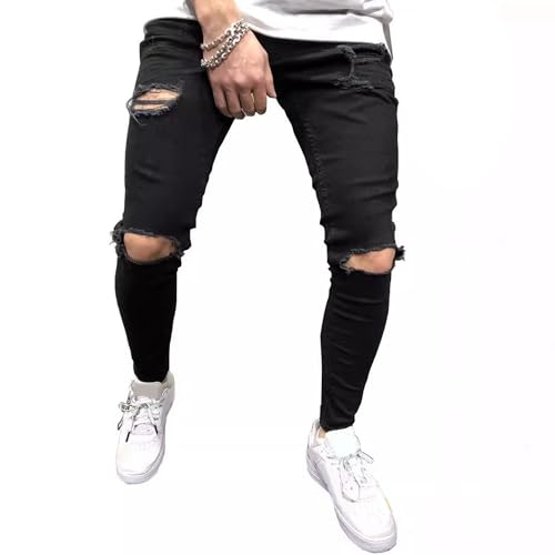 Men Micro Elastic Ripped Skinny Jeans Mid Rise Denim Pants with Holes Y2K Classic Comfortable Daily Trousers3