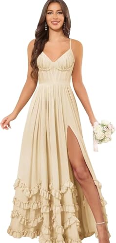 V Neck Bridesmaid Dresses for Wedding Spaghetti Straps Formal Dresses for Women Split Evening Dresses Long