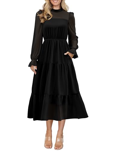 ANRABESS Womens Fall Vacation Guest Dress 2025 Long Sleeve Mock Neck Mesh Floral Boho Flowy Casual Tea Party Midi Dresses Black Small