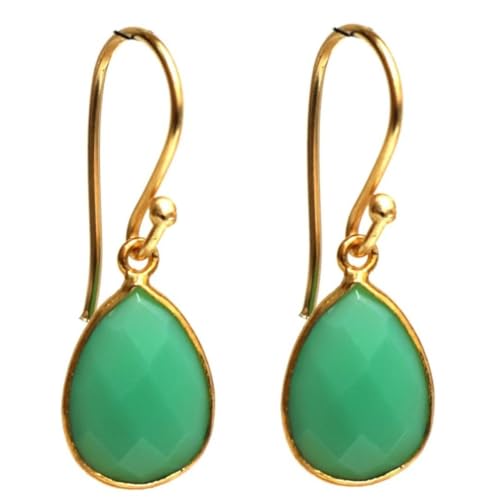 Image of Gempires Teardrop Gemstone Earrings for Women | Pear Shape Faceted Crystal Dangle Drop Earrings | Gold Plated Hypoallergenic Jewellery (Multiple Gemstone Options) (Chrysophrase Onyx)