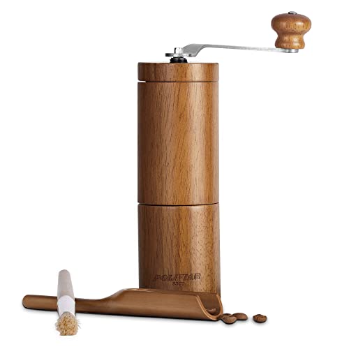POLIVIAR Manuelle Kaffeemühle, Kaffeebohnenmühle mit verstellbarem Keramikgrat, Vintage-Stil Holz Hand Kaffeemühle, Tragbare Grat Kaffeemühle mit Bürste und Löffel (JX2022-CG10) Cover