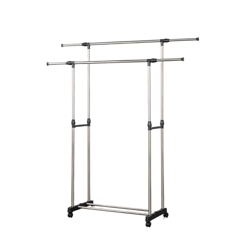 Herzberg HG03251, Porte-vêtements à roulettes réglable à Double Tringle, Largeur 80-140 cm, Hauteur 90-158 cm, Chrome et Noir, idéal pour Petits espaces,...