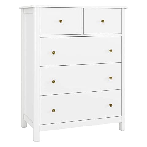 HOCSOK White Chest of Drawers, 5 Drawer Cabinet with Metal Handles and Runners, Wooden Bedroom Storage Unit, 74x40x97cm Cover