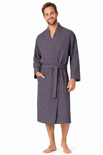 Image of Turkish Linen Men's Waffle Bathrobe Lightweight Kimono Spa Robe - Quick Dry Bath & Shower Robe for Men with Pockets