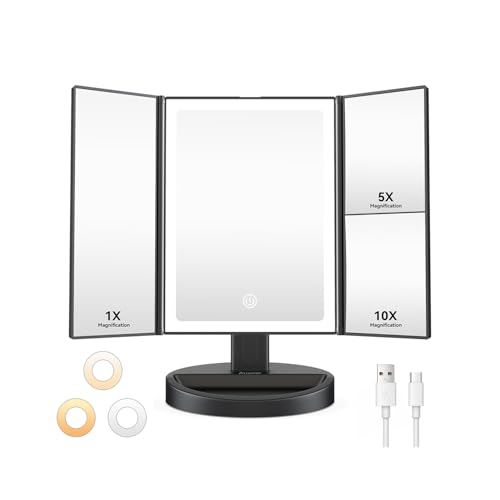 Auxmir Vanity Makeup Mirror with 68 LED Lights, 10X/5X/1X Rechargeable Magnifying Mirror, Touch Screen Stepless Dimmable Color Adjustable Trifold Mirrors, 180° Rotation Portable Cosmetic Mirrors