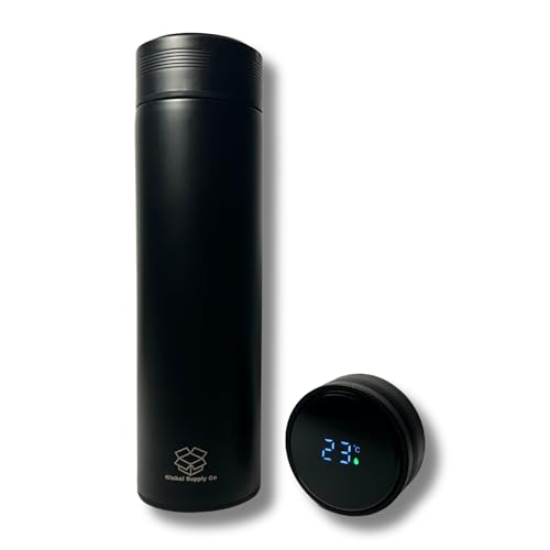 Smart Stainless Steel Water Bottle with LED Temperature Display – Double Wall Vacuum Insulated – Keeps Drinks Hot or Cold – Built-In Tea Infuser – SUS 304 Food-Grade Stainless Steel (Black)