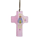 Magnifique croix en verre rose de 12 cm représentant la Vierge à l'Enfant, à suspendre. Un symbole de foi et de tendresse, idéal pour la prière ou comme décoration spirituelle.