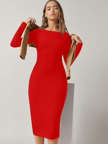 Image of Aahwan Orange Solid Round Neck Solid Bodycon Midi Dress for Women's & Girl's