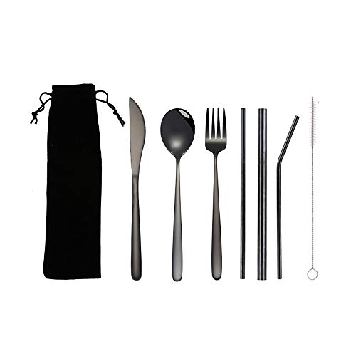 Juego de Cubiertos Reutilizables, 8 Piezas de Utensilios de Almuerzo de Oficina, Juego de Cubiertos Portátiles de Acero Inoxidable con Pajita, Cuchillo, Tenedor, Cuchara (Negro) Cover