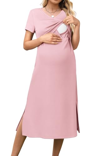 Image of OUGES Womens 2025 Summer Short Sleeve Maternity Nursing Dress V Neck Breastfeeding Split Pregnancy Clothes with Pockets