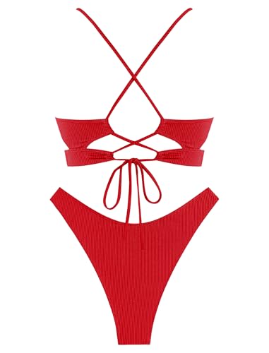 ZAFUL Women's Cutout Bikini Sets Scoop Neck Back Criss Cross Tie Ribbed High Cut Bikini Swimsuit Two Piece Bathing Suits3