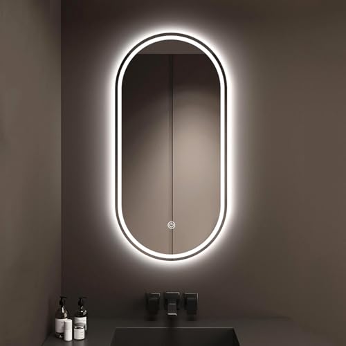 Espejo De Baño Ovalado, Espejo con Luz LED, 40x70cm|40x80cm|50x70cm|50x80cm Espejo De Pared Sin Marco, 3 Colores Y Luz Regulable, Botón Táctil(Size:40x70cm,Color:Estilo B)