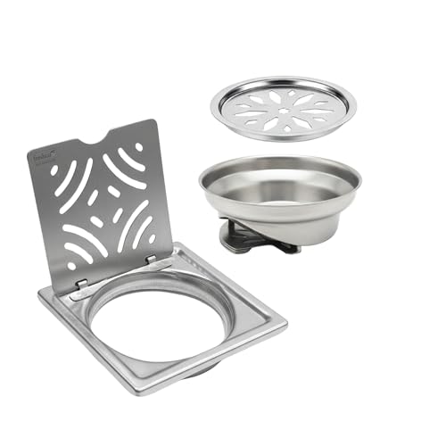 Image of Freshco 5x5 SS 304 Floor Drain Jali - Mercury Series (Hinged Design) - Heavy Duty 1.5mm Grating - Flip-Open Top with Anti Odor Cockroach Trap - Fits 110mm Pipe