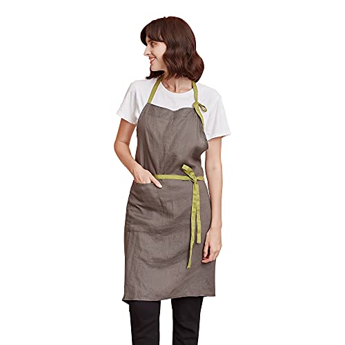 ATLINIA Pure Linen Apron Kitchen Apron for Women and Men Dark Grey Apron with Pocket Adjustable Long Bib Apron for Cooking Baking Painting
