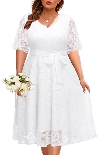 Damen Spitzenkleid mit V-Ausschnitt, Übergröße, halbe Ärmel, knielang, Cocktailkleid, Hochzeit, Swing-Kleid, Weißer V-Ausschnitt, 50 Mehr