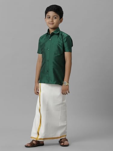 Image of RAMRAJ COTTON Boys Silk Cotton Shirt With Adjustable Cream Dhoti Perfect For Ceremonies| Festivals| And Special Occasions