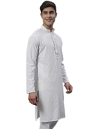 Image of Jompers White Chikankari Embroidered and Sequence Men's 3XL Regular Fit Knee Length Kurtas